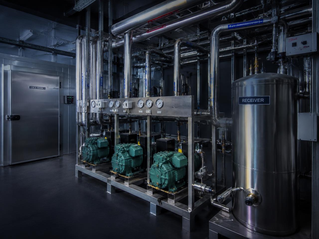 Commercial refrigeration plant room with stainless steel pipework